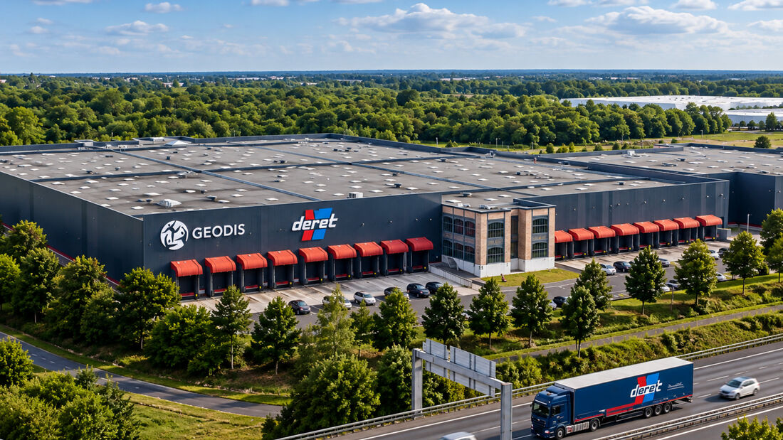 KI-Montage eines Deret-Logistikzentrums mit Geodis- und Deret-Schriftzügen zur geplanten Übernahme in Frankreich.
