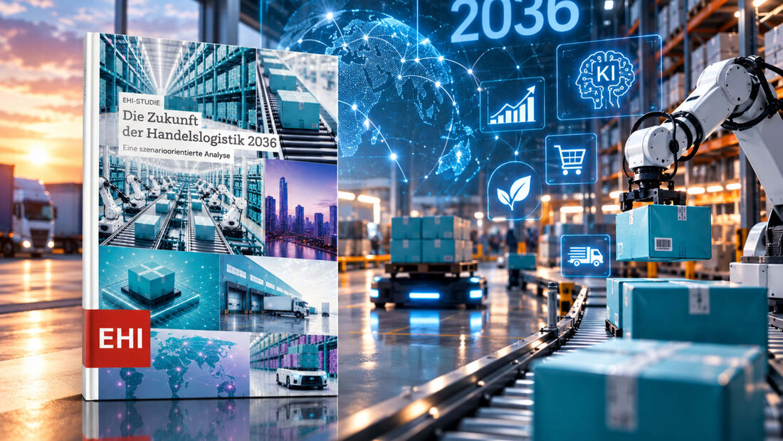 KI-Montage zur EHI-Studie „Die Zukunft der Handelslogistik 2036“ mit automatisiertem Logistikzentrum, Robotik und digitaler Vernetzung.