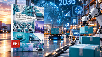 KI-Montage zur EHI-Studie „Die Zukunft der Handelslogistik 2036“ mit automatisiertem Logistikzentrum, Robotik und digitaler Vernetzung.