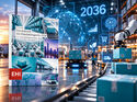 KI-Montage zur EHI-Studie „Die Zukunft der Handelslogistik 2036“ mit automatisiertem Logistikzentrum, Robotik und digitaler Vernetzung.