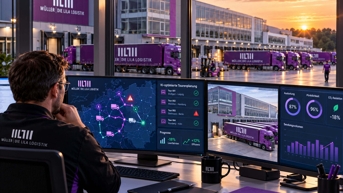 KI-generierte Bildmontage eines Disponenten von „Müller – Die lila Logistik“, der an mehreren Monitoren eine digitale Tourenplanung überwacht. Im Hintergrund sind lilafarbene Lkw auf dem Betriebshof des Logistikunternehmens zu sehen.