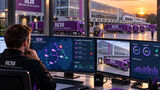KI-generierte Bildmontage eines Disponenten von „Müller – Die lila Logistik“, der an mehreren Monitoren eine digitale Tourenplanung überwacht. Im Hintergrund sind lilafarbene Lkw auf dem Betriebshof des Logistikunternehmens zu sehen.