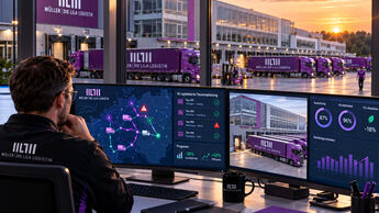 KI-generierte Bildmontage eines Disponenten von „Müller – Die lila Logistik“, der an mehreren Monitoren eine digitale Tourenplanung überwacht. Im Hintergrund sind lilafarbene Lkw auf dem Betriebshof des Logistikunternehmens zu sehen.