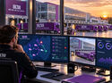 KI-generierte Bildmontage eines Disponenten von „Müller – Die lila Logistik“, der an mehreren Monitoren eine digitale Tourenplanung überwacht. Im Hintergrund sind lilafarbene Lkw auf dem Betriebshof des Logistikunternehmens zu sehen.