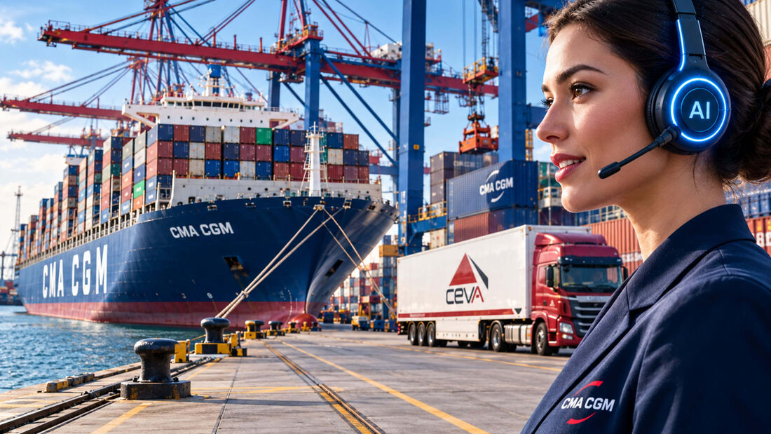 KI-generierte Bildmontage mit CMA-CGM-Containerschiff am Hafen, CEVA-Logistics-Lkw und einer virtuellen KI-Assistentin mit Headset. Das Motiv illustriert den Einsatz künstlicher Intelligenz im Vertrieb und Kundenservice der Reederei.