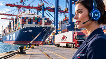 KI-generierte Bildmontage mit CMA-CGM-Containerschiff am Hafen, CEVA-Logistics-Lkw und einer virtuellen KI-Assistentin mit Headset. Das Motiv illustriert den Einsatz künstlicher Intelligenz im Vertrieb und Kundenservice der Reederei.