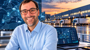 KI-generierte Bildmontage mit Steven Van Cauteren, dem neuen Chief Revenue Officer von Cargomotion. Im Hintergrund sind ein Logistikzentrum mit Lkw, eine digitale Europakarte mit Transportverbindungen und eine symbolische Logistiksoftware-Oberfläche zu sehen.
