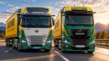 KI-generiertes Motiv mit SuperPanther eTopas 600 und MAN eTGX in den Farben des österreichischen Logistikers Gartner.