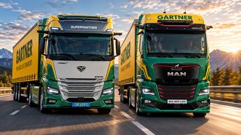 KI-generiertes Motiv mit SuperPanther eTopas 600 und MAN eTGX in den Farben des österreichischen Logistikers Gartner.