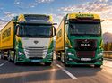 KI-generiertes Motiv mit SuperPanther eTopas 600 und MAN eTGX in den Farben des österreichischen Logistikers Gartner.
