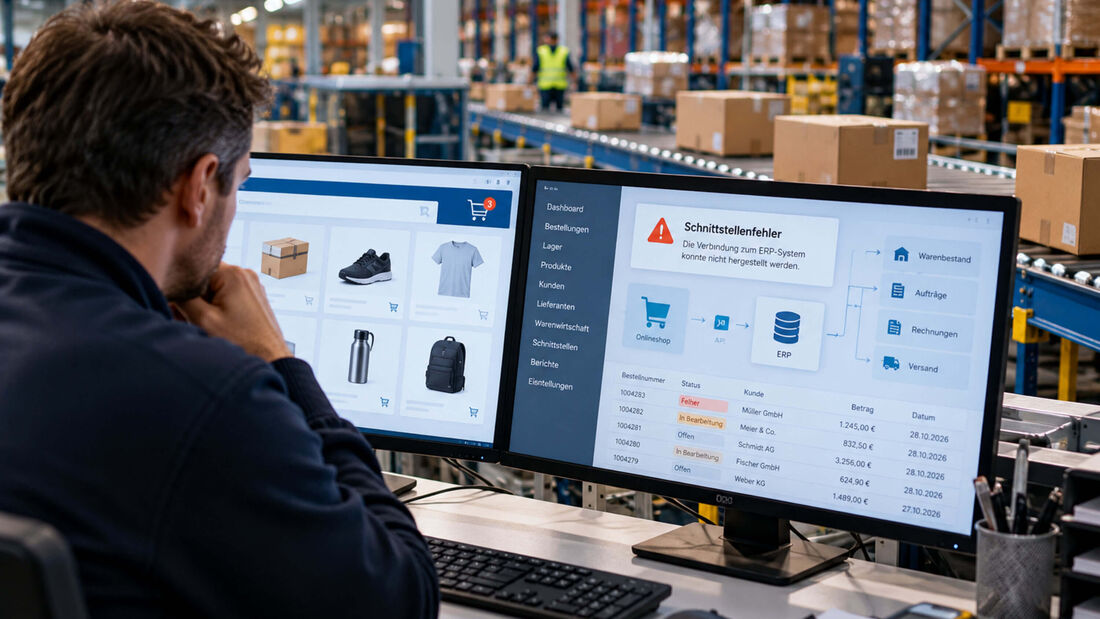 KI-generiertes Symbolbild: Ein Mitarbeiter sitzt in einem Logistikzentrum vor zwei Monitoren. Während ein Bildschirm einen Onlineshop zeigt, erscheint auf dem zweiten eine Fehlermeldung zur ERP-Schnittstelle. Im Hintergrund sind Förderbänder, Pakete und Lagerregale zu sehen.