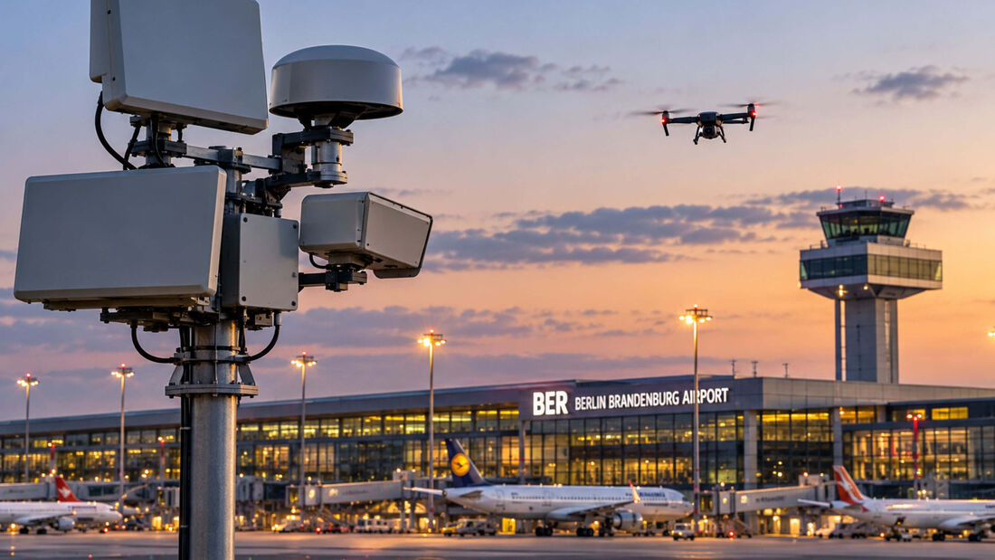 KI-generiertes Symbolbild einer Drohne über einem Flughafen mit technischer Drohnendetektion im Vordergrund.