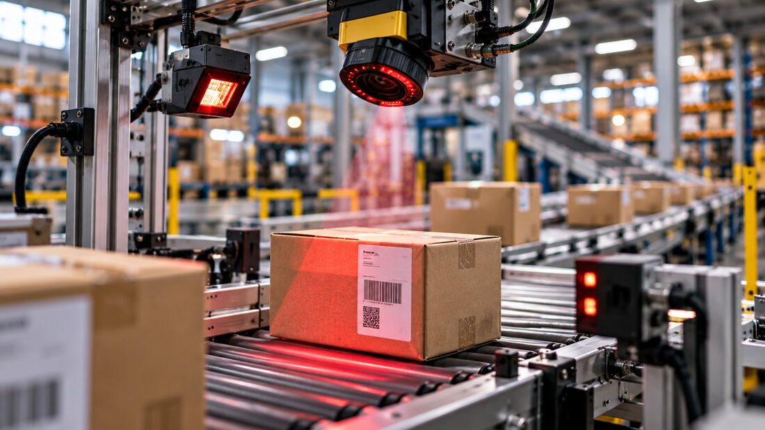 KI-generiertes Symbolbild einer automatisierten Identifikationsstation in einem Logistikzentrum. Eine Industriekamera und mehrere Sensoren erfassen ein Paket mit Barcode und QR-Code auf einem Förderband.