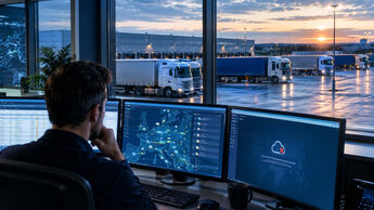 KI-generiertes Symbolbild eines Disponenten in einer Spedition, der auf mehreren Monitoren Transportdaten und eine IT-Störungsmeldung betrachtet. Durch die Fenster sind europäische Sattelzüge auf einem beleuchteten Logistikgelände zu sehen.
