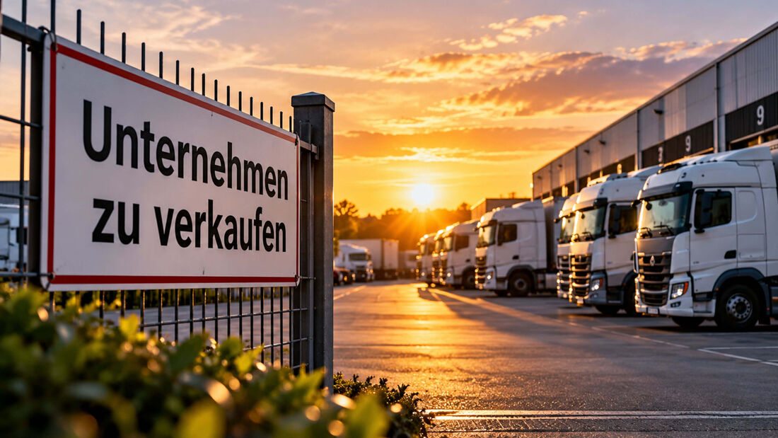 KI-generiertes Symbolbild eines Speditionshofs mit mehreren geparkten Lkw vor einer Logistikhalle. Im Vordergrund hängt ein Schild mit der Aufschrift „Unternehmen zu verkaufen“ am Zaun.