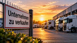KI-generiertes Symbolbild eines Speditionshofs mit mehreren geparkten Lkw vor einer Logistikhalle. Im Vordergrund hängt ein Schild mit der Aufschrift „Unternehmen zu verkaufen“ am Zaun.