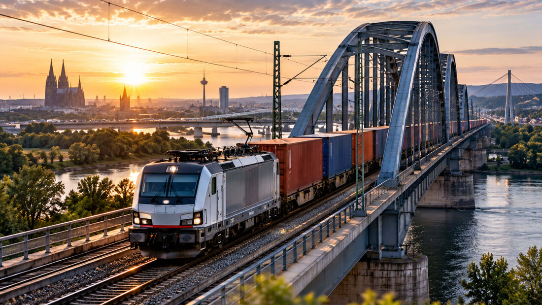 KI-generiertes Symbolbild eines elektrischen Güterzugs mit Containern auf einer großen Eisenbahnbrücke über einem Fluss. Im Hintergrund ist eine europäische Großstadt bei Sonnenuntergang zu sehen.