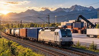 KI-generiertes Symbolbild eines elektrischen Güterzugs mit Containern vor einer Alpenkulisse. Neben den Gleisen befindet sich ein Umschlagterminal mit Containerstapeln, einem Reachstacker und einer Logistikhalle.