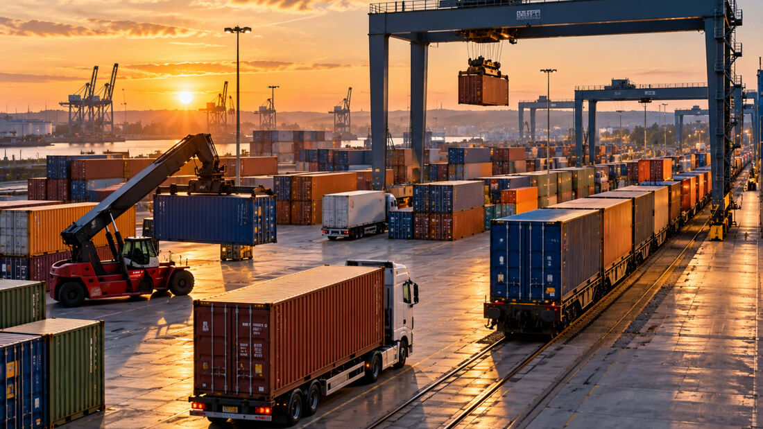 KI-generiertes Symbolbild eines großen Containerterminals im Sonnenuntergang. Ein Sattelzug transportiert einen Seecontainer über das Terminalgelände, während ein Containerzug auf den Gleisen steht und Portalkräne Container umschlagen.
