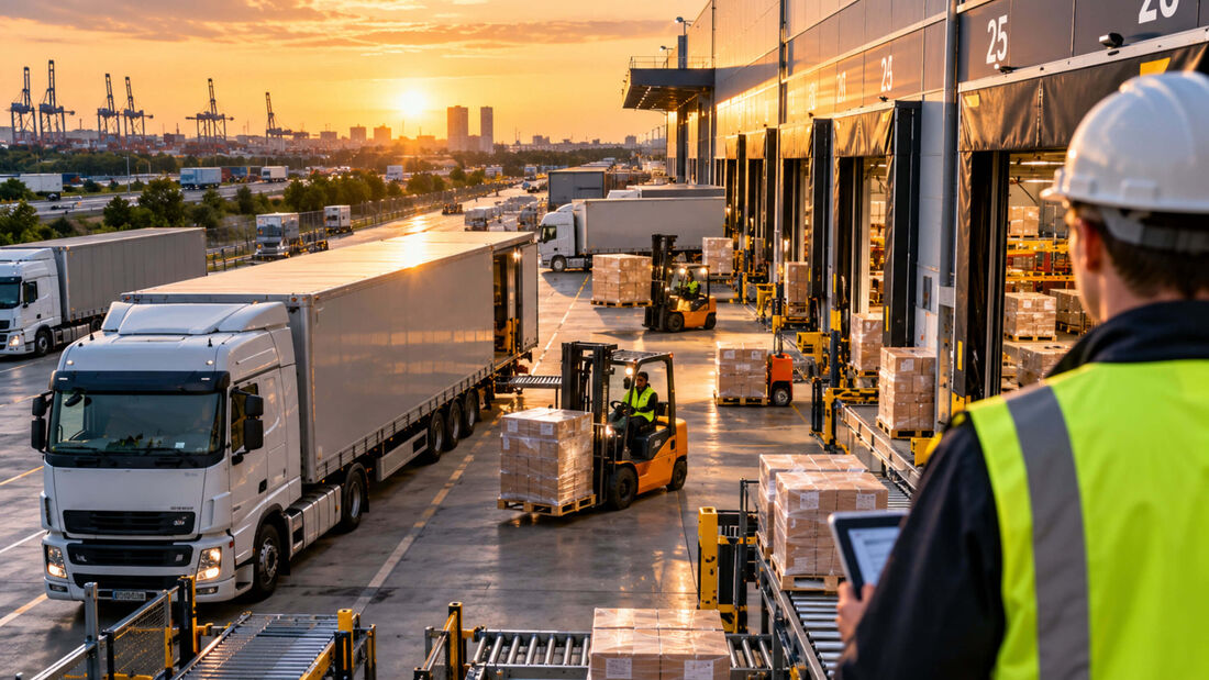 KI-generiertes Symbolbild eines modernen Logistikzentrums bei Sonnenuntergang. Lkw, Gabelstapler und Fördertechnik prägen den Warenumschlag, während ein Mitarbeiter mit Tablet die Abläufe überwacht.