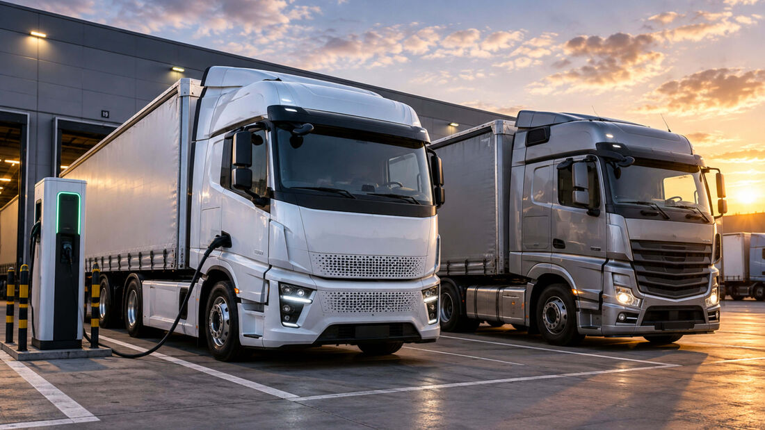 KI-generiertes Symbolbild eines weißen Elektro-Sattelzugs an einer Ladesäule neben einem grauen Diesel-Lkw auf einem Speditionshof. Im Hintergrund sind eine Logistikhalle und weitere Nutzfahrzeuge zu sehen.