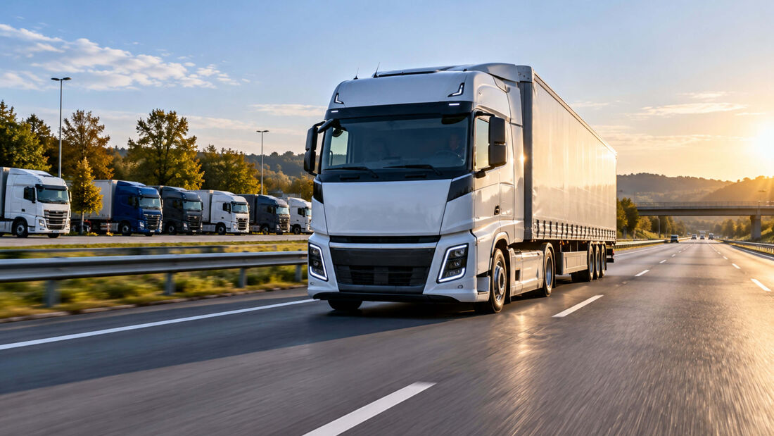 KI-generiertes Symbolbild eines weißen Elektro-Sattelzugs auf einer Autobahn bei tief stehender Sonne. Im Hintergrund stehen mehrere Diesel-Lkw auf einem Rastplatz.