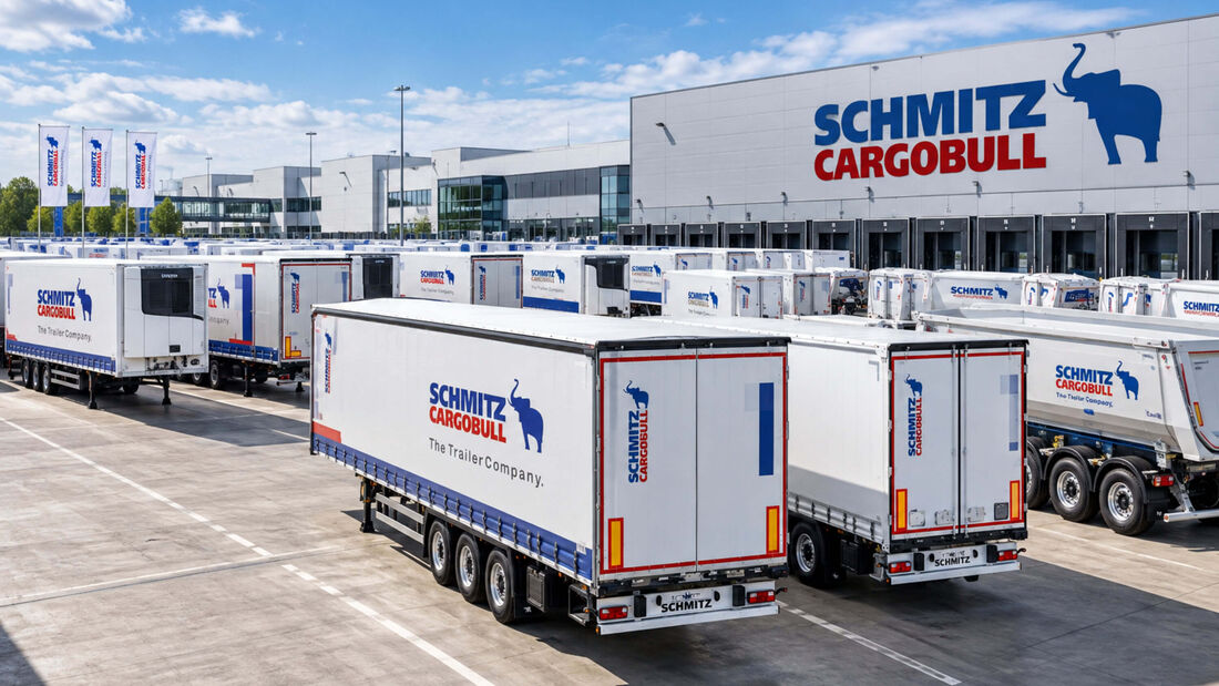 KI-generiertes Symbolbild mit zahlreichen Schmitz-Cargobull-Trailern vor einem Werk zur Bilanz des Trailerherstellers 2025/26.
