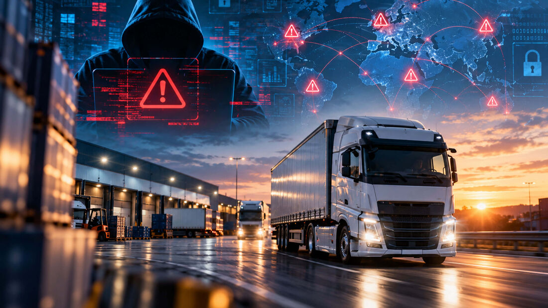 KI-generiertes Symbolbild zu Cyberkriminalität in der Logistik mit Lkw, Logistikzentrum und digital dargestelltem Cyberangriff.