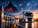 KI-generiertes Symbolbild zu Cyberkriminalität in der Logistik mit Lkw, Logistikzentrum und digital dargestelltem Cyberangriff.
