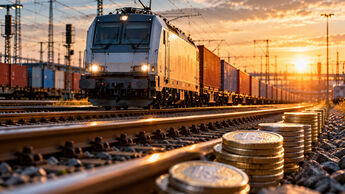 KI-generiertes Symbolbild zu steigenden Trassenpreisen mit Güterzug auf einer Bahnstrecke und Euro-Münzen neben den Schienen.