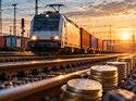 KI-generiertes Symbolbild zu steigenden Trassenpreisen mit Güterzug auf einer Bahnstrecke und Euro-Münzen neben den Schienen.