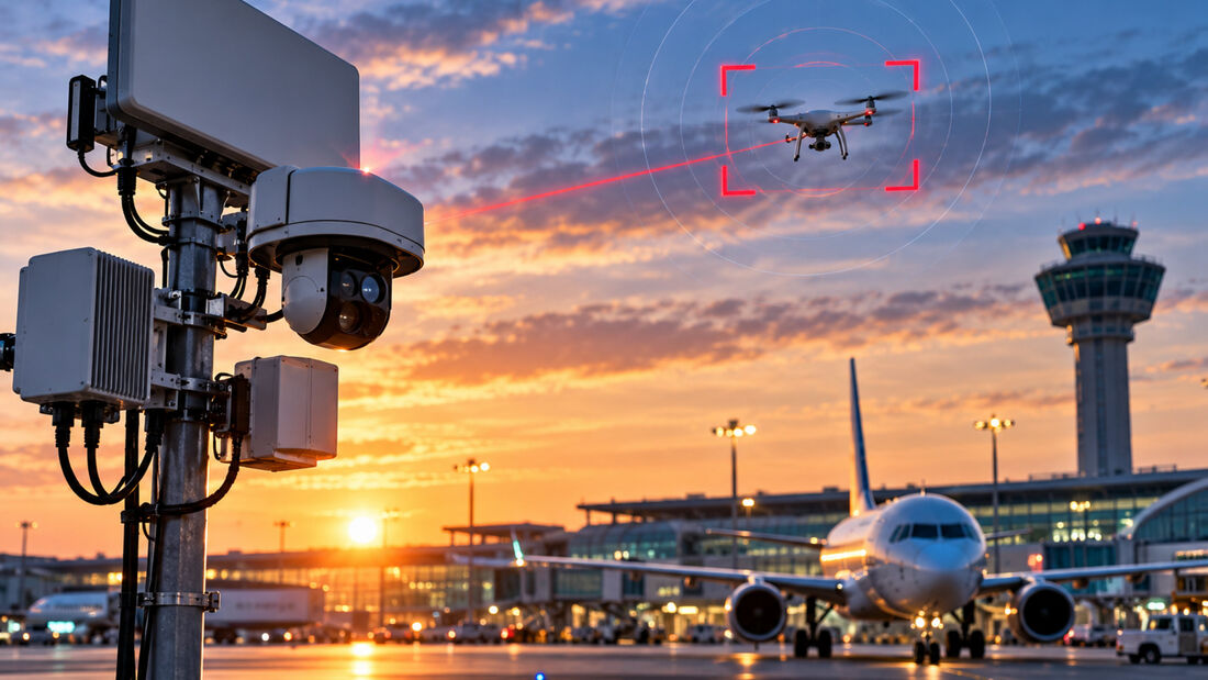 KI-generiertes Symbolbild zur Drohnendetektion an einem Flughafen mit Drohne, Detektionstechnik, Passagierflugzeug und Tower.