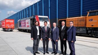 Kombiverkehr, Christian Betchen, Geschäftsführer KSW und SWCT, Landrat Andreas Müller, Vorsitzender des Aufsichtsrates der KSW, Ministerialdirigent Johannes Wieczorek, BMVI, Armin Riedl, Geschäftsführer Kombiverkehr, Heiko Heupel, Leiter Controlling Kombiverkehr und Geschäftsführer SWCT