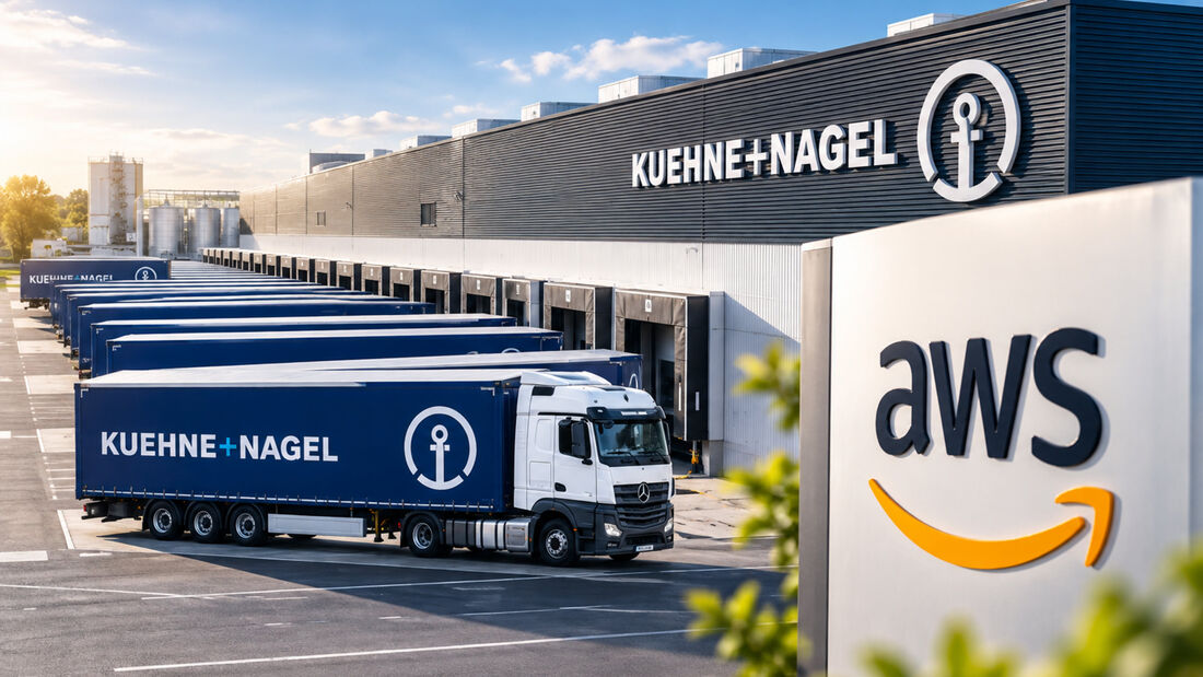 Kühne+Nagel-Logistikzentrum mit Lkw und AWS-Logo. Kühne+Nagel vereinbart eine langfristige strategische Zusammenarbeit mit Amazon.