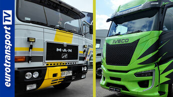 Links der restaurierte MAN F8 im Design wie bei Auftritt in der Fernsehserie "Auf Achse", rechts der moderne grüne Elektro-Lkw IVECO S-eWay. Das eurotransportTV-Logo ist am Bildrand platziert.