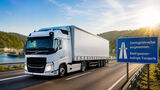 Lkw auf einer Autobahn am Rhein während der Niedrigwasserphase.
