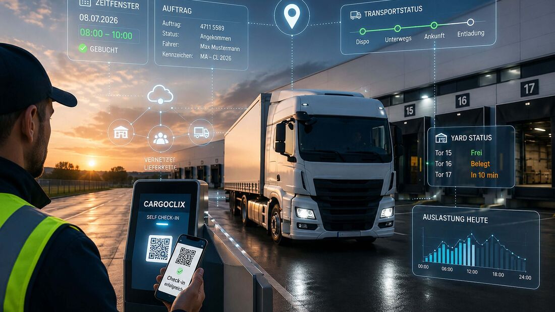 Lkw fährt an ein Logistikzentrum mit digitalem Check-in. Cargoclix und Loady verknüpfen Zeitfenstermanagement, Logistikdaten und Lieferkettenprozesse.