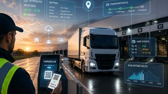 Lkw fährt an ein Logistikzentrum mit digitalem Check-in. Cargoclix und Loady verknüpfen Zeitfenstermanagement, Logistikdaten und Lieferkettenprozesse.