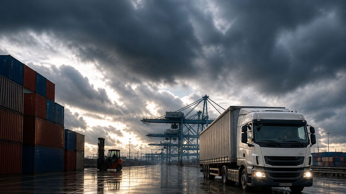 Lkw im Industriehafen unter dunklem Himmel als Symbol für wirtschaftlichen Abschwung in der Logistik