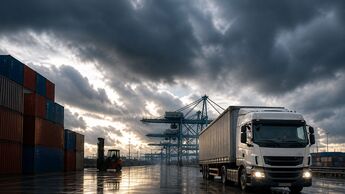 Lkw im Industriehafen unter dunklem Himmel als Symbol für wirtschaftlichen Abschwung in der Logistik