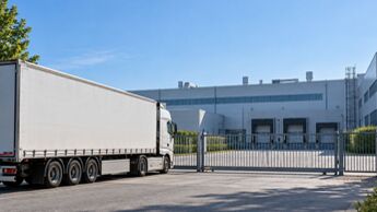 Lkw vor geschlossenem Werkstor