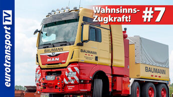 MAN TGX 41.640 von 2019 mit Aufschrift Baumann für die Viktor Baumann GmbH. Rechts im Bild steht: Wahnsinns-Zugkraft #7, links das eurotransportTV-Logo.