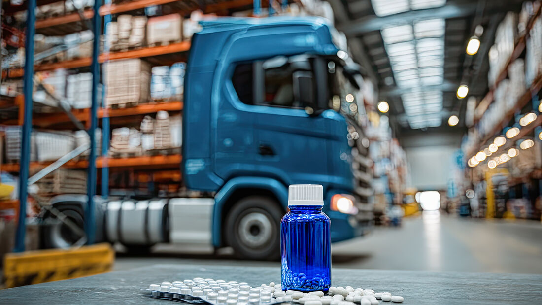Medications inside warehouse, truck visible