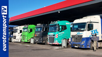 Mehrere Lkw verschiedener Marken stehen tagsüber nebeneinander unter dem Dach des Hoyer Autohofs in Neustadt-Glewe; links das eurotransportTV-Logo sichtbar.