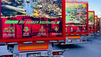 Mehrere rote Trailer vom Logistiker Waldbach stehe in einer Reihe nebeneinander. Man sieht die Trailer von hinten.