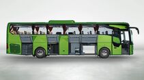 Mercedes-Benz Tourismo, Exterieur, viperngrün metallic, OM 936 Euro VI mit 260 kW (354 PS), 7,7 L Hubraum, 6-Gang Schaltgetriebe, Länge/Breite/Höhe: 12.295/2.550/3.680 mm, Bestuhlung: 1/49 // Mercedes-Benz Tourismo, Exterior, viper green metallic, OM 936 Euro VI rated at 260 kW/354 hp, displacement 7.7 l, 6-speed transmission, length/width/height: 12295/2550/3680 mm, seating: 1/49.