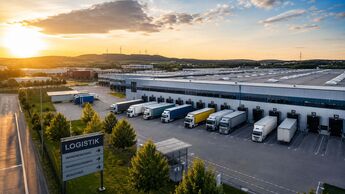 Moderne Logistikimmobilie mit Lagerhalle und Lkw-Stellplätzen. Steigende Mieten und knappe Flächen erhöhen den Druck auf Logistikdienstleister.
