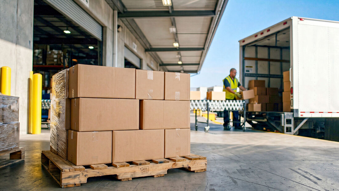 NUR ZUM EINMALIGEN GEBRAUCH. Lagerhaus, Logistik, Lieferwagen, Fracht, men at work, Frachtgut, Lagerung, Vorrat, Verkehr, Wertpapier, kommerzielle, Mann, Industrie, Paket, Dienstleistungen, Waren, Belastung, Ausfuhr, Einfuhr, Großhandel, Einzelhandel, elektronischer Handel, Lkw, Lieferung, Fernfahrer, packen, gewerblich, Container, Gut, Palette, Karton, Rampe