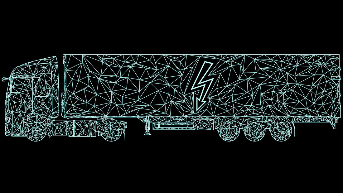 NUR ZUM EINMALIGEN GEBRAUCH.    Truck, electric, elektrisch, Transport, Lkw, Kontept, Vektorgrafik, autonom, Laster, polygone Zeichnung, computergeneriert, Sattelzug