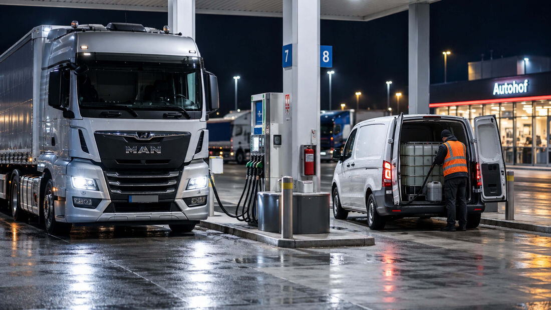 Nächtliche Szene an einem Autohof mit Lkw und weißem Transporter, in dessen Laderaum sich ein großer Dieselbehälter befindet.